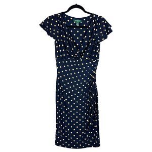 Lauren Ralph Lauren Faux Wrap Navy Polka Dot Ruched Knee Length Dress Size 4